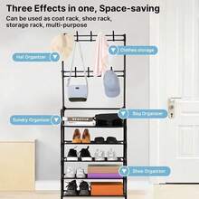 Multifunctional Metal Storage Rack With 8 Double Hooks, 5 Tier Clothes Hat Shoes Organizer Suitable For Bedroom, Living Room, Entrance And Office, Easy To Assemble