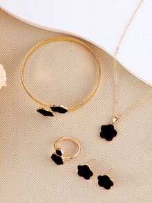 5pcs/Set Lucky Clover Design Necklace, Earrings, Bracelet And Ring - 黑色 - 查看 4