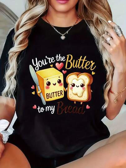 Camiseta de Mujer "Butter with My Toast" Estampado Divertido, Cuello Redondo, Manga Corta, Tejido de Poliéster con Spandex, Corte Regular, Diseño Geométrico, Uso Diario para Todas las Estaciones