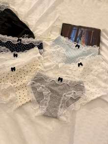 6条装可爱日式格子、波尔卡圆点、花朵蕾丝边甜美纯棉女士内裤