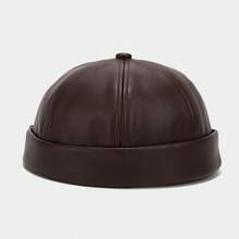 Retro Brimless PU Leather Landlord Hat Solid Color Landlord Hat Melon Caps Autumn Docker Cap - 卡其色 - 查看 7