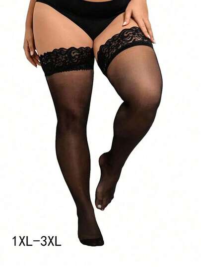 CHIDRA 女式加大码硅胶蕾丝上衣大腿高筒袜 - 丝滑半透明连裤袜，适合 130-220 磅的体重。