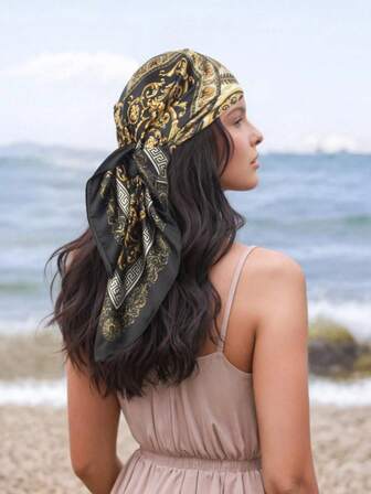 1pc Women's Vintage Palace Print 90cm Silk Scarf/Bandana, Suitable For Daily Wear And Gatherings