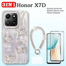 3pcs For Honor X7D Screen Tempered Glass Protector, Honor X7D Feather Design Phone Protective Case, Shiny Beaded Phone Lanyard Wrist Strap - 3pcs (HD Glass) - View 2