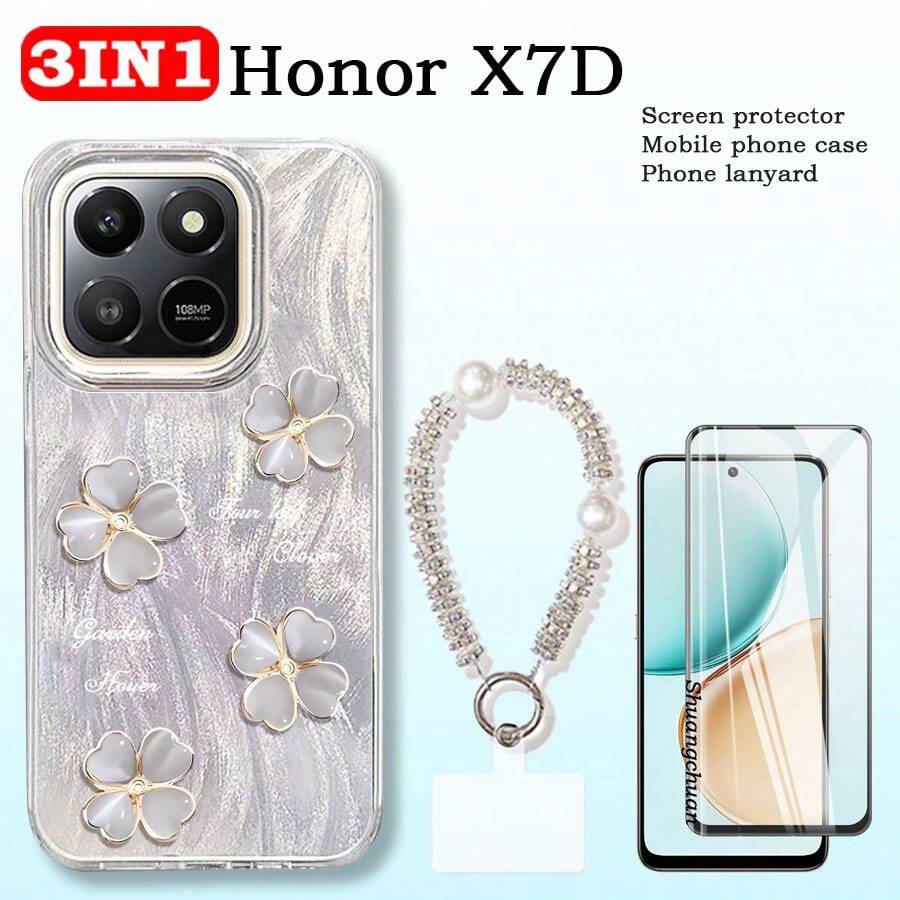 3pcs For Honor X7D Screen Tempered Glass Protector, Honor X7D Feather Design Phone Protective Case, Shiny Beaded Phone Lanyard Wrist Strap