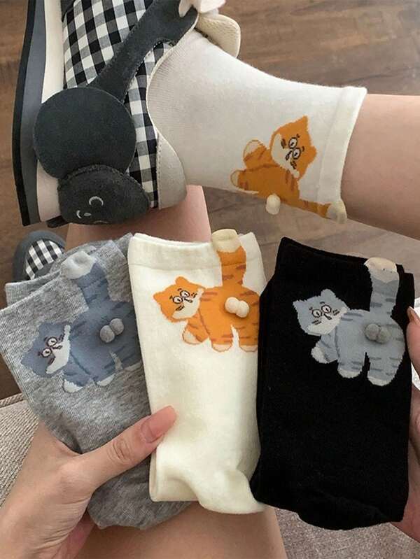 12 Pairs, Unisex Abstract 3D Cat Egg Socks, Mid-Calf Cute And Funny Japanese-Inspired Long Socks For Women - Perfect Gift, Comfortable Casual Sporty All-Season Versatile Design, Suitable For Daily Wear, Running, Fitness, Etc