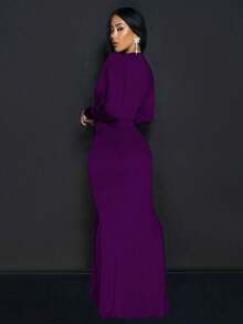 Women's Solid Color Deep V-Neck Twist Design Long Sleeve Cocktail Dress Wedding Spring Party - Purple - View 3