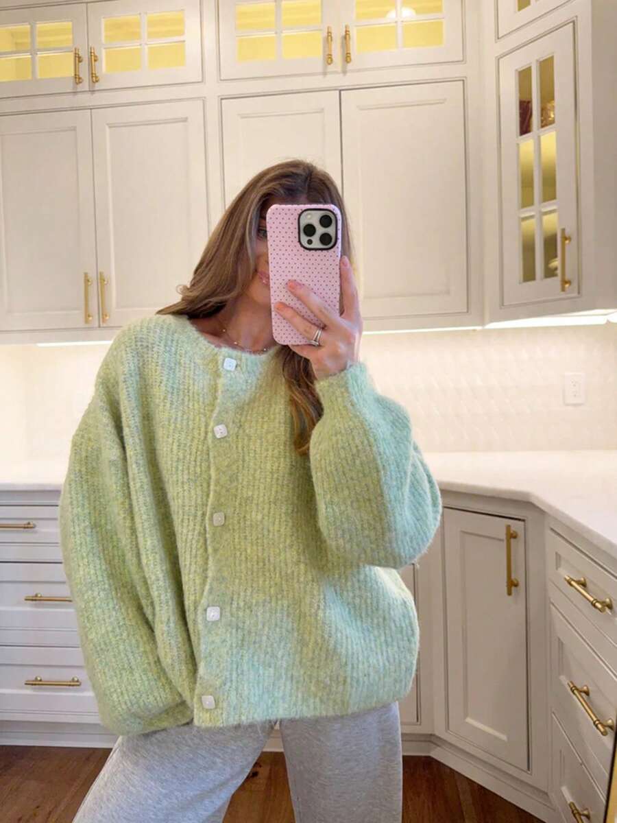 Womens Cardigans Long Sleeve Open Front Knitted Cardigan Button Round Neck Sweater Lightweight Solid Color Jumper - Verde - Ver 1