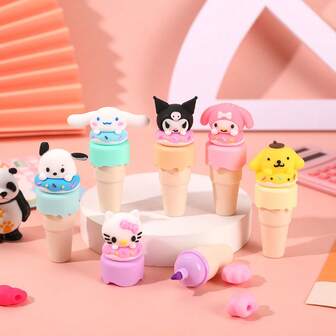  Sanrio 6-Color Children's Cartoon Cute Ice Cream Shaped Marker Pen, Suitable For School Art Painting And Office Supplies, Holiday Parties, And Christmas Gifts (Slight Color Bleeding On The Character's Head Does Not Affect Appearance Or Usability)