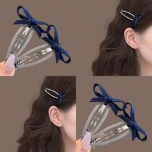 Korean Style Blue Bow Rhinestone Hair Clip, Cute Bangs Side Clip For Women, Autumn/Winter, Claw Clips