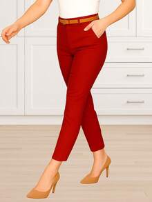 Pantalón Elegante para Dama con Bolsos Laterales al Frente y Cinturón.  Tela Elástica.  Corte Ajustado. - Rojo - Ver 3