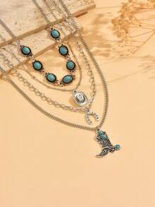 Bộ 4 chiếc/Bộ Vòng cổ ngọc lam phong cách phương Tây, Vòng cổ mặt dây chuyền mũ cao bồi bằng hợp kim kim loại Punk thời trang dành cho nữ, Thích hợp cho trang phục thường ngày, tiệc tùng, lễ hội âm nhạc, dạo phố - Nhiều màu - Xem 3