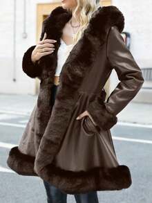 Giolshon Women's PU Leather Jacket With Faux Fur Lining, Hood And Belt - Minimalist & Fashionable, Suitable For Autumn/Winter - Chocolate Brown - View 4