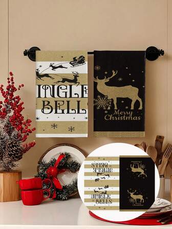 2pcs/4pcs/12pcs Black & White Christmas Reindeer Pattern Kitchen Towels, Christmas Reindeer Pattern Bathroom Towels, Christmas Outdoor Party Towels, Christmas Home Decor, Christmas Kitchen Decor, Modern Style, Quick Dry, Super Soft Microfiber Material, Rectangular, 15.75IN*23.62IN/40*60CM Digital Printing Pattern, Suitable For Outdoor Party Decoration, Christmas Holiday Gifts