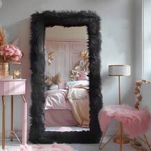Full Length Mirror Free Standing Furry Faux Fur Framed Full Body Floor Mirror Wall Mounted Leaning Hanging Wall For Bedroom Hallway Entrance, 71"X32", Black,24331416,Selfie Mirror, Apartment Friendly - 黑色 - 查看 1