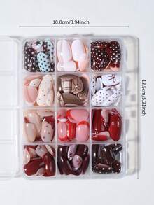 288pcs/Box (12 Mixed) Short Oval Flower Polka Dot Bow French Design Tips Press On Nails Perfect Fit Acrylic False Nails Set,Nails In Autumn And Winter, Suitable For Women And Girls Daily Life And Party Use