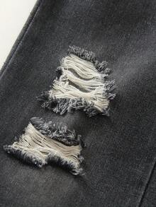 1pc Tween Boys' Casual Distressed Wide Leg Jeans, Street Style, Spring/Summer 2025 New Collection - Black - View 5