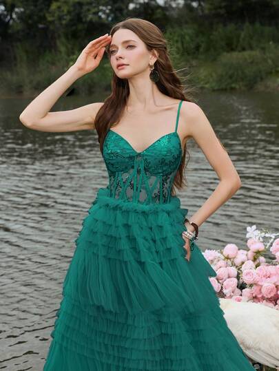 Faeriesty Luxe Gorgeous Corset-Like Evening Gown With Sweetheart Neckline, Thin Spaghetti Straps & Intricate Sequin Embroidery – Voluminous Layered Tulle Skirt | Romantic Formal Evening Wear | Perfect For Weddings, Proms, And Elegant Evening Parties