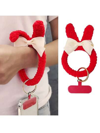 1pc Plush Rabbit Ear Phone Lanyard, Fashionable Women Phone Case Charm, Cute Hanging Strap