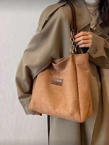 1pc Solid Color Faux Suede Tote Bag,Large Capacity Shoulder Handbag With Zipper, Fashionable For Commuting, Travel, Shopping, Dating, Gift For Women, Suitable For Teens, College Students, Beginners And Office Ladies,Applicable For Office, School, Work, Business, Commuting, Outdoor, Travel, Picnic, New Autumn And Winter Women Bag, Best Fall Purse, Newest Fashionable Suede Bag For Women, Perfectly Matching With Fall Outfits Women Fall Clothes For Women, New Fall Fashion 2025 For Women - 棕色 - 查看 3