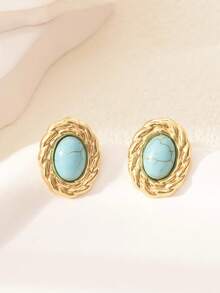 2pcs Stainless Steel Turquoise Stud Earrings, Suitable For Women's Daily Wear