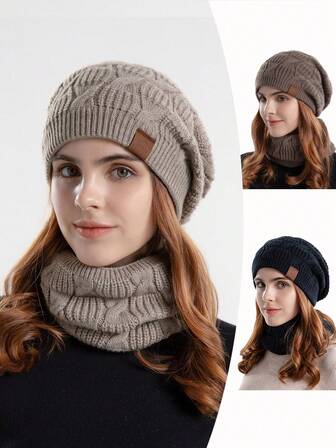 1 Set Women's Wool Blend Cable Knit Beanie & Scarf Set, Thick Warm Knitted Slouchy Hat & Neck Warmer For Winter Daily Use