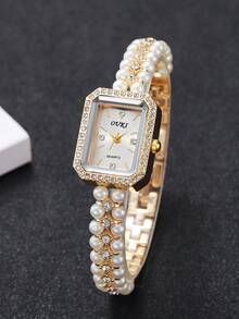 2件套女士礼品珍珠手表，方形表盘镶钻，时尚休闲珍珠水钻石英手链手表组合（不含手表） - 彩色 - 查看 7