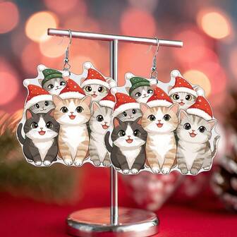1 par de aretes con diseño de oreja de gato de dibujos animados con gorro de Papá Noel 2D, adecuado para usar en Navidad