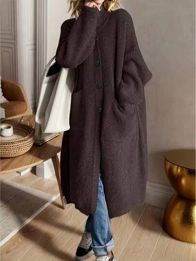 Comfortable Plus Size Women Funnel Neck Drop Shoulder Mid-Length Cardigan With Button, Ribbed Knit Details And Pockets