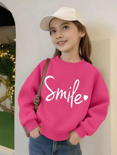 1 pieza Sudadera de niña con estampado "Sonrisa" fresco, tela suave, estilo versátil para salidas casuales