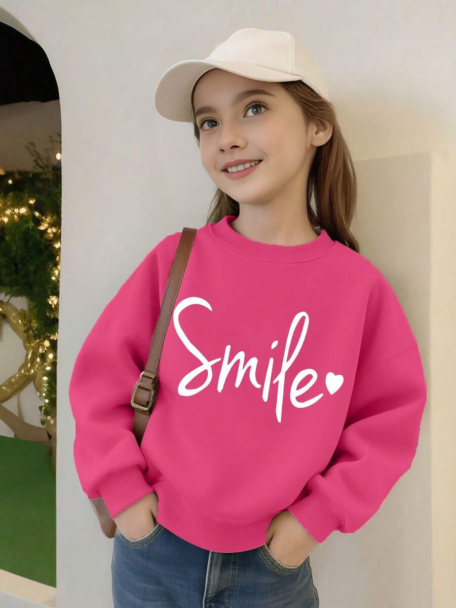 1 pieza Sudadera de niña con estampado "Sonrisa" fresco, tela suave, estilo versátil para salidas casuales - Rosa Fucsia - Ver 1