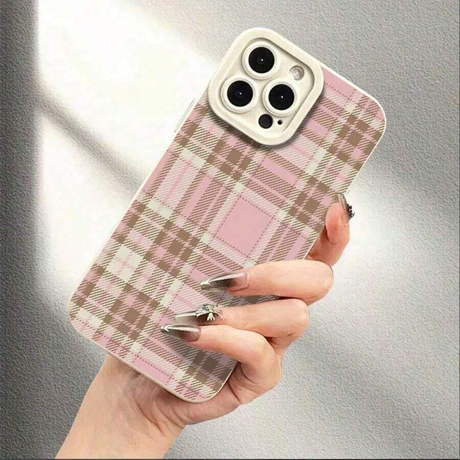 粉棕格纹图案纹理背景设计时尚轻薄手机壳，兼容 17/17 Pro Max/X/XS/11/12/13/14/15/16 Pro - 防护性强，防震，时尚耐用 - 超薄TPU手机壳，男女皆宜 - 白色 - 查看 1