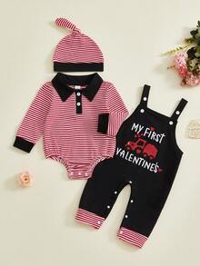 Conjunto de 3 piezas para bebé niño con motivo de San Valentín: mono con solapa a rayas, mono con bordado de letras y gorro. Ropa bonita para festivales, mezcla de algodón suave, de 0 a 12 meses, ideal para sesiones de fotos de San Valentín y reuniones familiares. - Negro - Ver 6