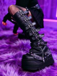 Gothic Womens Knee High Boots For Women Punk Rivets Platform Thick Heel Boots Y2K Round Metallic Zipper Buckle Knee High Boots For Cosplay - Black - View 5