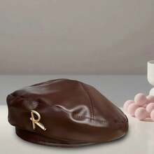 Women Beret Hat, Elegant PU Leather Alphabet Soft Warm Painters Cap Artist Hat For Fall Winter - 棕色 - 查看 2