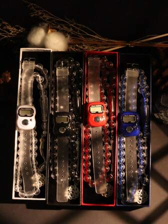 1 st nytt set med bönepärlräknare, lämplig för Ramadan, jul, Halloween, högtider, inkluderar exklusivt förpackad räkneverk, set med bönepärlarmband, elektronisk manuell knappräknare, kompakt bärbar ringräknare, tumtrycksräknare, för lärande, övning och andra räkneaktiviteter, fingerräknare, ringräknare, rosenkransräknare, liten fingerburen räknare, elektronisk ringräknare