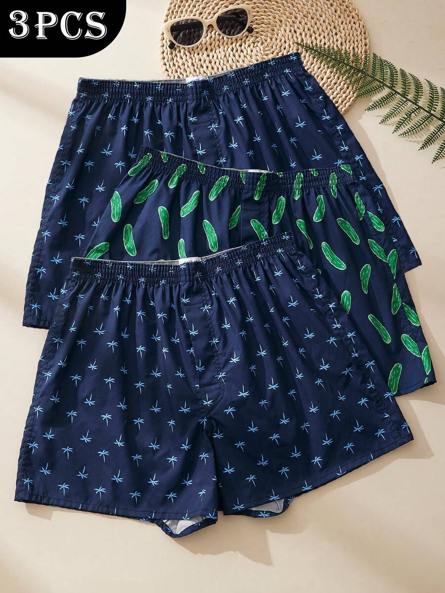 3 Pcs/Pack Men's Breathable Elastic Waist Printed Boxer Shorts, Loose Casual Underwear - Multicolor - View 1