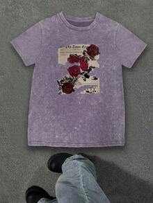 Áo thun cổ tròn cỡ lớn, chất liệu vải denim, màu đỏ nhạt, in hình hoa hồng, thích hợp mặc mùa hè. - Màu tím hoa cà - Xem 4