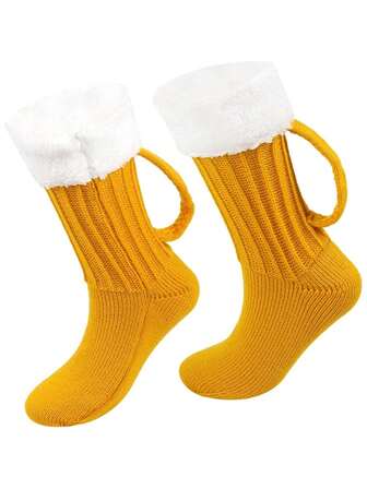 1 Pair Floor Socks Beer Mug Knitted Socks Men's Padded Mid-Calf Socks Women Winter Soft Funny Sleep Floor Socks