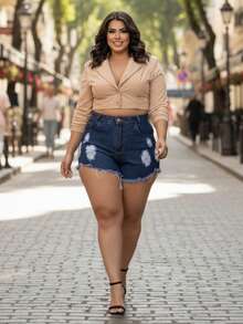 Plus Size Denim Shorts - 藍色 - 查看 2