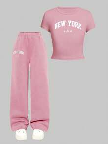 少女休闲字母印花T恤和裤子套装，夏季 - 淺粉色 - 查看 9