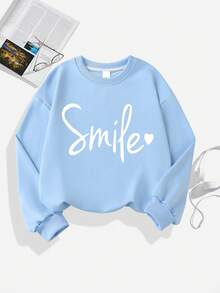 1PC Girls Fresh "Smile" Print Sweatshirt, Soft Fabric, Casual Outing Versatile Style - Blue - View 2