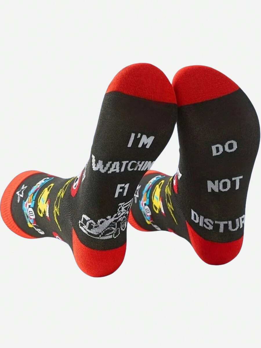 1/3 Pairs Men's Mid-Calf Socks, New Spring/Summer Popular Cartoon Theme "I'm Watching F1, Do Not Disturb" Socks, Unisex, Autumn Socks - Multicolor - View 1