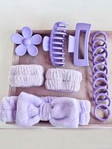 16pcs Pink/Black/Rose Red/Purple Wavy Elegant Solid Color Thickened Headband Wristbands, Pink Simple Home Hair Accessories, Plush Hair Rings Flower Hairpins Multi-Color Accessories, Home Bathroom Decoration Summer Back To School, Suitable For Girls' Daily Makeup, Face Washing And Decoration.