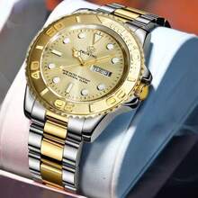 PROKING 1pc 40mm Men's Fashion Wrist Watch, Luxury Dual Calendar Quartz Watch, Business & Sport Style, Stainless Steel 304 Case, Stainless Steel Strap, 3ATM Waterproof, Luminous Display, Battery Powered, Suitable For Daily Decoration, Perfect Gift For Valentine's Day, Christmas, Father's Day - Gold - View 5