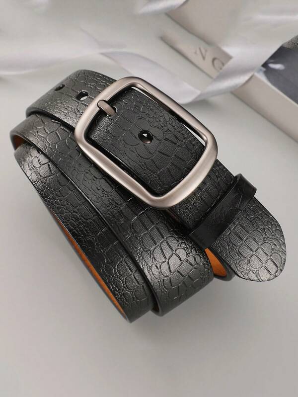 Joopzqm 1pc Men's Genuine Leather Crocodile Grain Buckle Belt, Casual Vintage Style Leather Belt For Men Old Money Vintage Autumn/Fall Urban Outfit Classic Christmas Winter Fashion Daily Men Boyfriend Gift