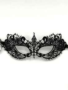 Adult Masquerade Ball Mask, Diamond Inlaid Satin Belt Style, Mysterious And Fun Lace Mask, Couple Style And Men's And Women's Lace Headwear And Clothing, Christmas Mask - Black - View 17