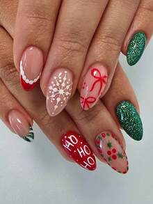 圣诞美甲，每套 24 件杏仁形圣诞花环、蝴蝶结和雪花图案绿色闪光按压式中长指甲适合时髦女孩、办公室女士、派对、约会、日常穿着和节日场合 - 彩色 - 查看 8
