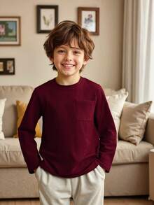 Tween Boy Classic Simple White Long Sleeve T-Shirt With Pockets, Suitable For Casual, Holiday Wear, Can Be Paired With Various Jackets - Burgundy - View 3