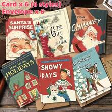 12 buc (6 buc cărți poștale + 6 buc plicuri) felicitări vintage, Moș Crăciun, reni, modele asortate, potrivite pentru petreceri de Crăciun sau de iarnă